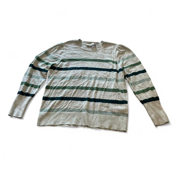 Loft Grey and green striped puff sleeve sweater size Large - Picture 1 of 4